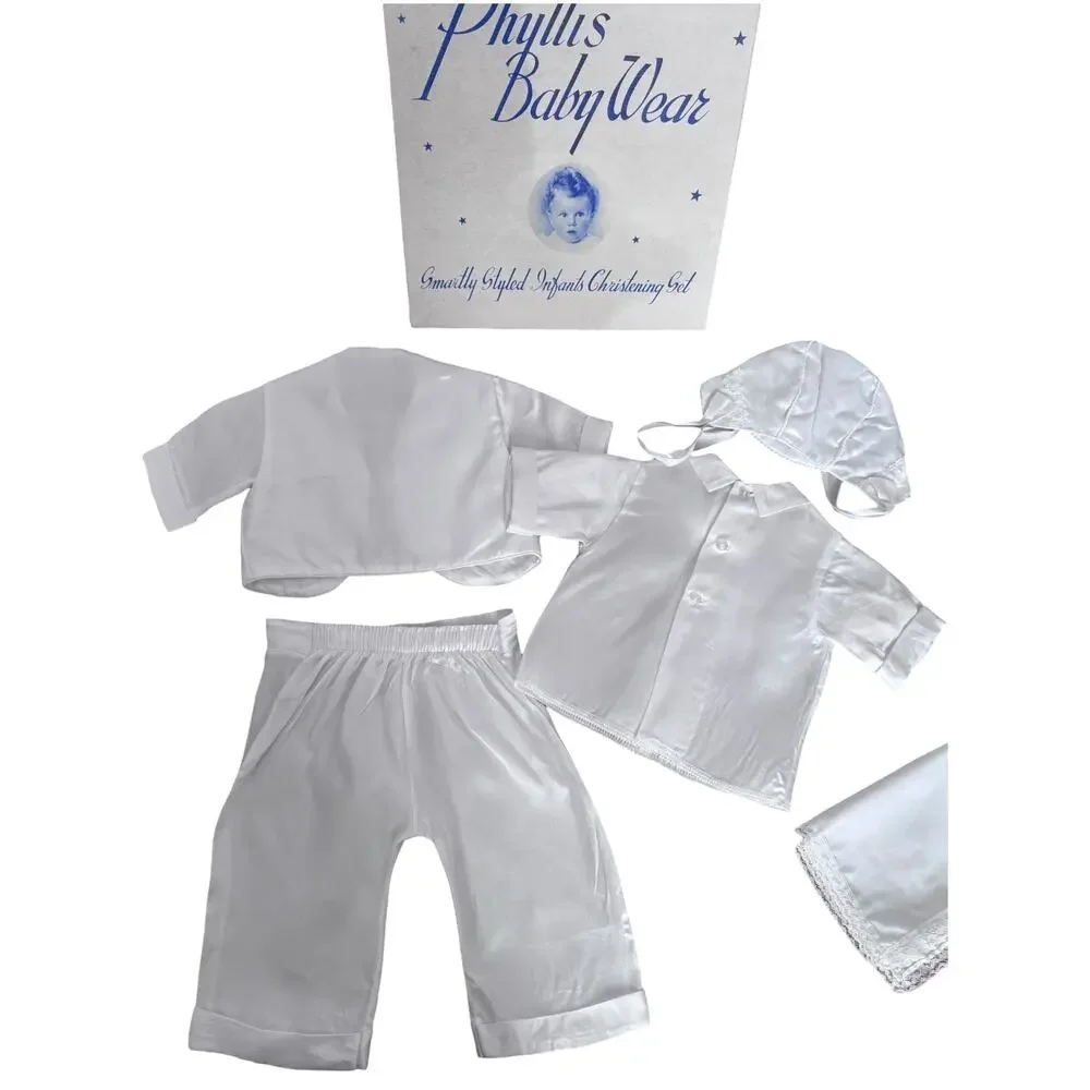 50s Phyllis Baby Wear White Satin Christening Baptism Suit Set Boys 6 Pc 3-6 M